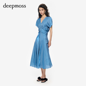 【deepmoss】女士复古潮流优雅V领气质水泽褶涧收腰连衣裙A字裙