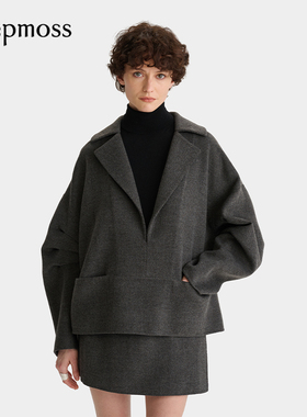 【deepmoss】2025秋冬新款女士设计感深灰色驳领茧型毛呢套头衫