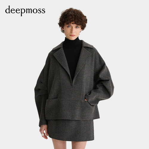 【deepmoss】女士设计感深灰色驳领茧型毛呢套头衫
