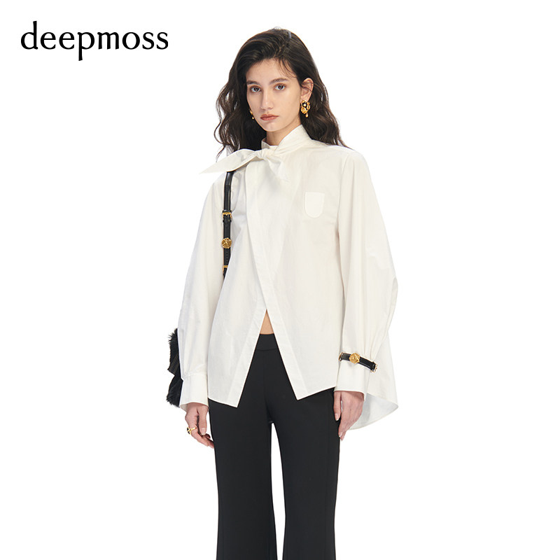 【SALE】【deepmoss】设计感女士时尚休闲白色丝巾结交叠衬衫上衣