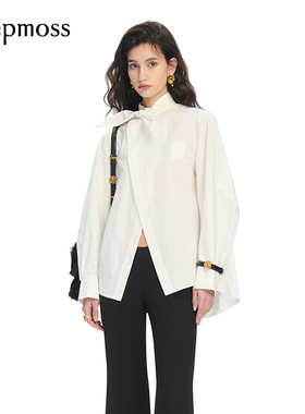 【SALE】【deepmoss】设计感女士时尚休闲白色丝巾结交叠衬衫上衣