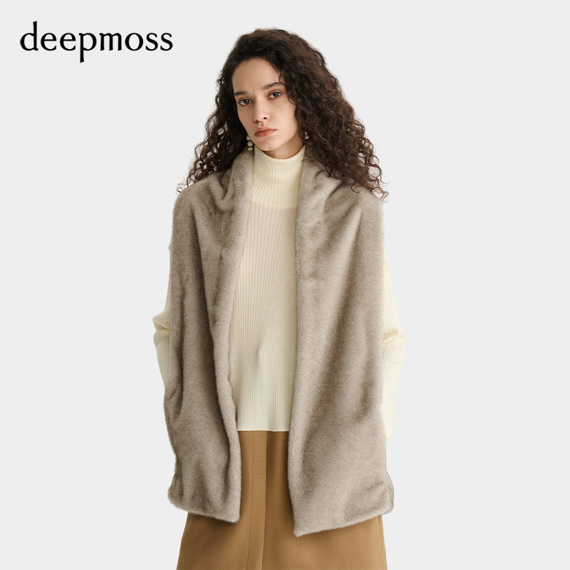 【deepmoss】2025秋冬新款女士设计感时尚燕麦色环保皮草围领马甲