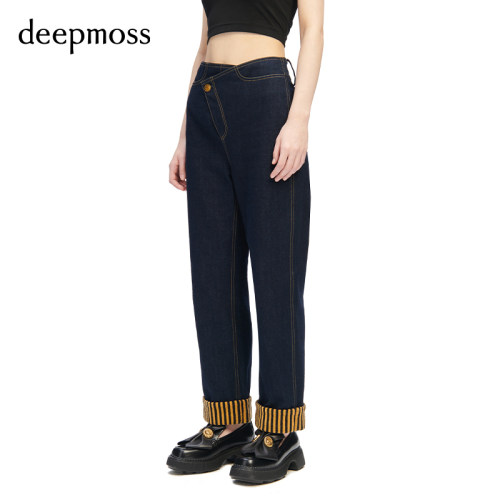deepmoss条纹斜襟翻边牛仔裤