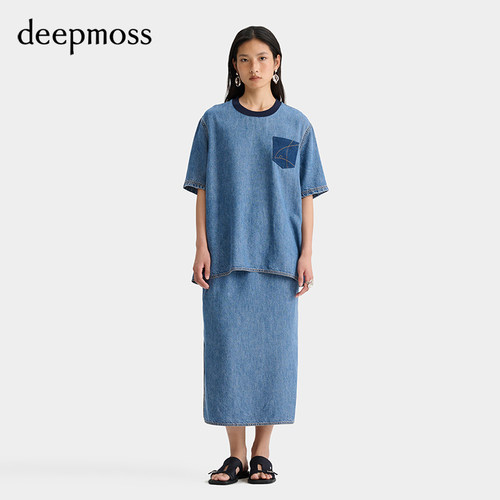 deepmoss天蓝色假两件T恤连衣裙