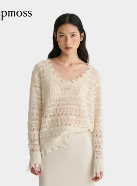 【deepmoss】2025秋冬新款女士闪葱蕾丝镂空马海毛混纺针织衫罩衫