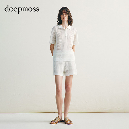 deepmoss云白度假蕾丝polo衫短裤