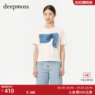 deepmoss 潮流宽松上衣女百搭甜美可爱流褶皱拼接短袖 T恤