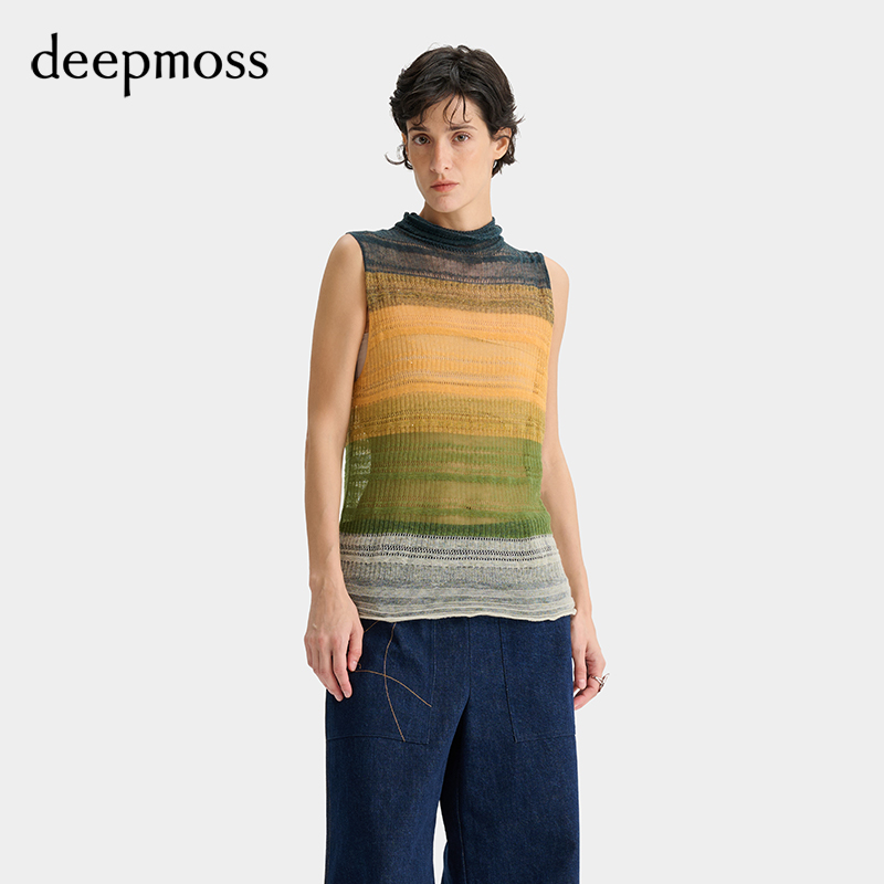 deepmoss水溶羊毛条纹堆领背心