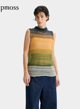 【deepmoss】2025新款女装上衣黄绿色水溶羊毛条纹堆领背心