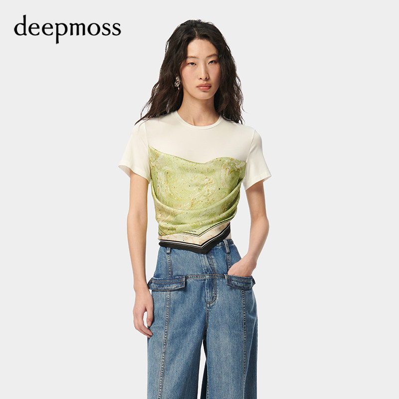 【deepmoss】潮流复古优雅女时尚休闲水拓印丝巾褶皱拼接短袖T恤