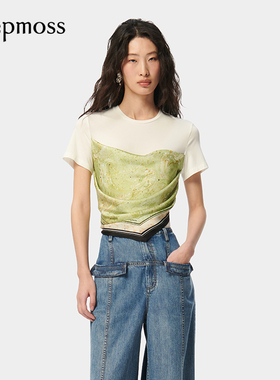 【deepmoss】潮流复古优雅女时尚休闲水拓印丝巾褶皱拼接短袖T恤