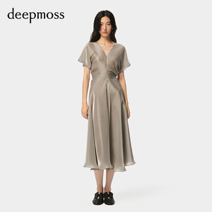 【deepmoss】潮流复古优雅女装时尚休闲气质水泽褶裥收腰连衣裙