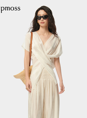 【deepmoss】时尚优雅淡人女装休闲缎感水泽交叠凉感衬衫裤子套装