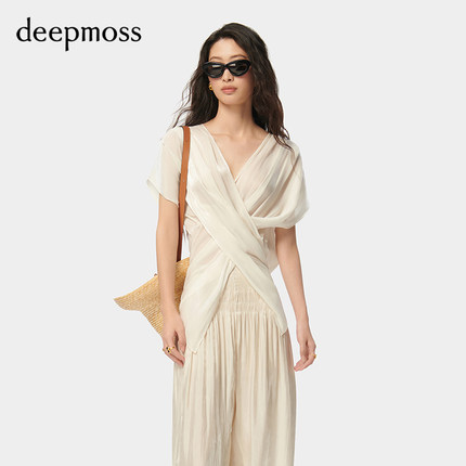 【deepmoss】时尚优雅淡人女装休闲缎感水泽交叠凉感衬衫裤子套装