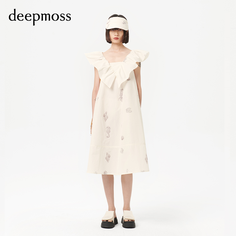 【deepmoss】潮流海洋印花V领小香风荷叶边A字连衣裙女士 女装/女士精品 连衣裙 原图主图