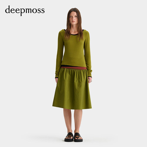 deepmoss橄榄绿弹力高腰花苞半裙