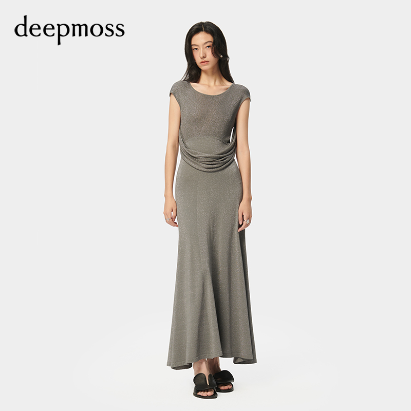 【deepmoss】2024春夏新款女装时尚水泽精致亮丝垂荡无袖连衣长裙 女装/女士精品 连衣裙 原图主图