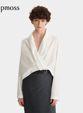 【deepmoss】2025秋冬新款女士时尚V领交叠前襟短衬衫长袖衬衫