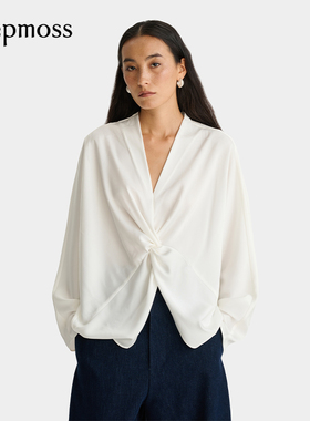 【deepmoss】2025秋冬新款女士优雅简约时尚扭褶V领醋酸长袖上衣
