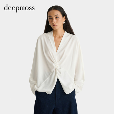 时尚扭褶V领醋酸长袖上衣