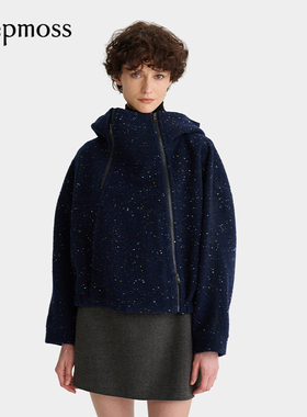 【deepmoss】2025秋冬新款女士深海蓝彩点毛呢烟囱领连帽外套