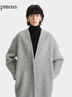 【deepmoss】2025秋冬新款女士霜灰色V领羊毛混纺流苏长款大衣