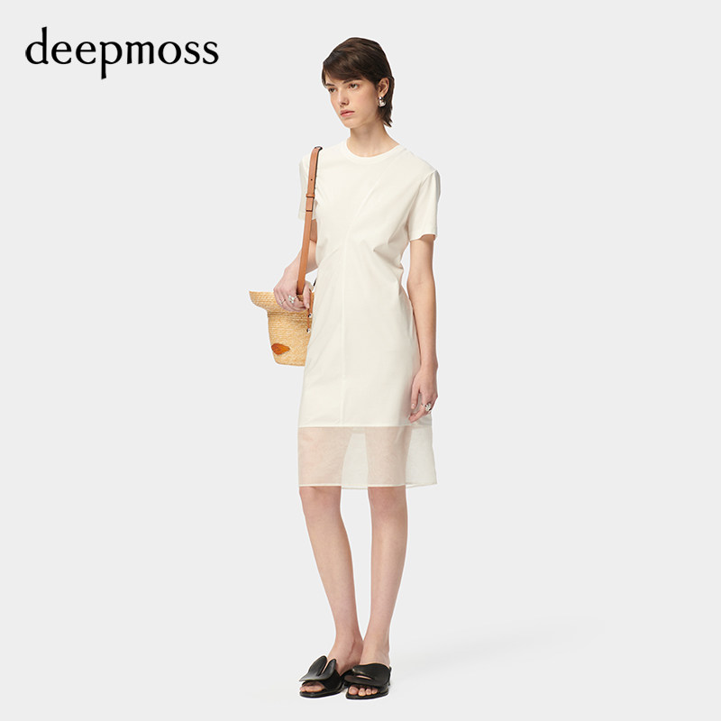 【deepmoss】潮流复古优雅时尚休闲气质弧形分割收腰拼接连衣裙女