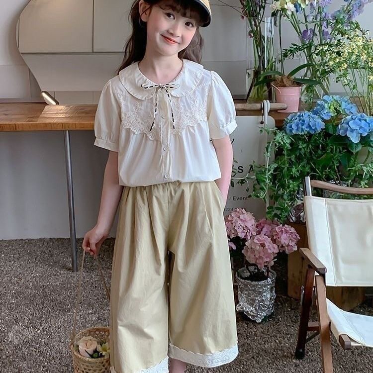 女童夏装套装2026新款儿童洋气纯棉短袖衬衫T恤中大童韩版阔腿裤