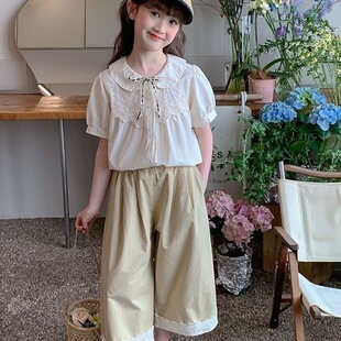 女童夏装套装2026新款儿童洋气纯棉短袖衬衫T恤中大童韩版阔腿裤