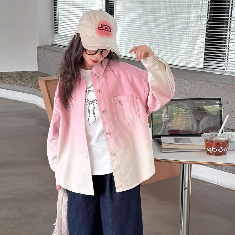 女童长袖衬衣春秋款2026新款儿童洋气渐变色衬衫大童秋装上衣外套