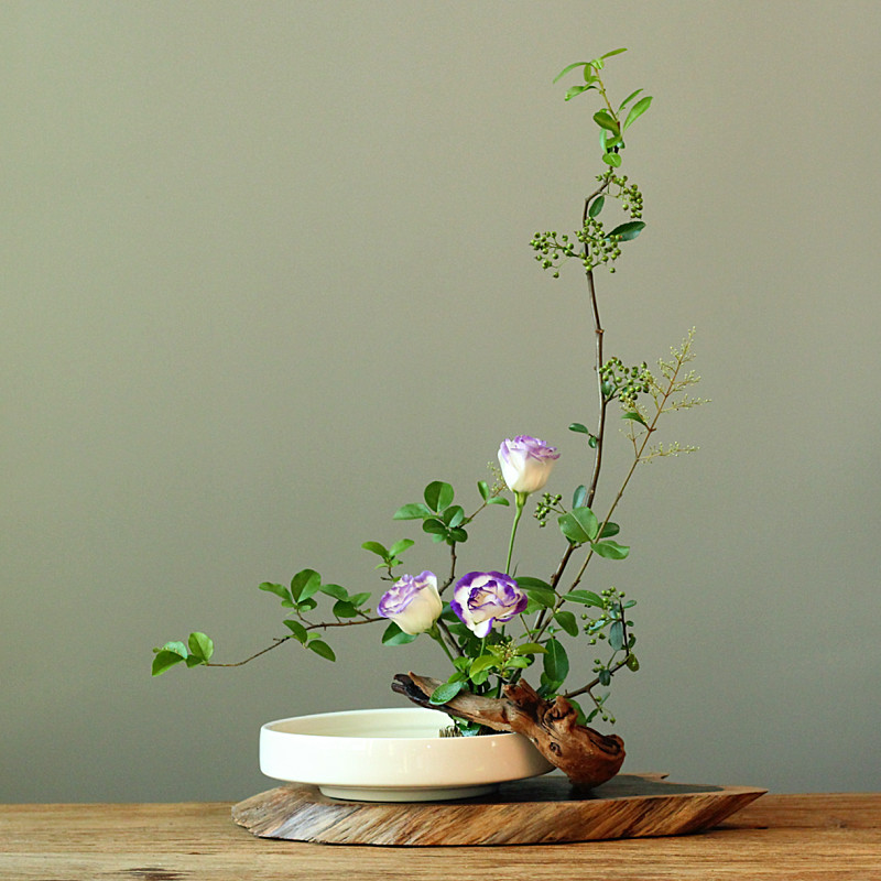 古流轩白色陶瓷花盘简约日式剑山插花器花盆水培禅意花道培训用具