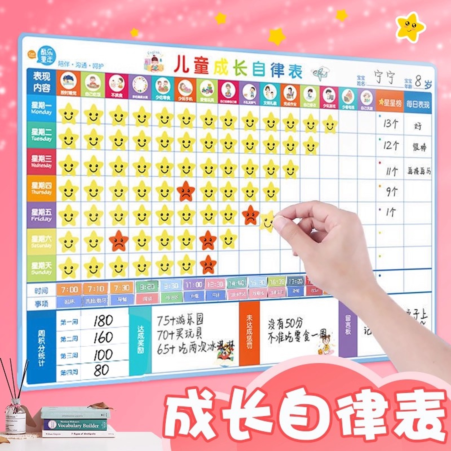 儿童成长自律表小学生家用好习惯养成奖励贴纸积分卡幼儿园孩子时间管理打卡磁性墙贴生活作息学习记录计划表