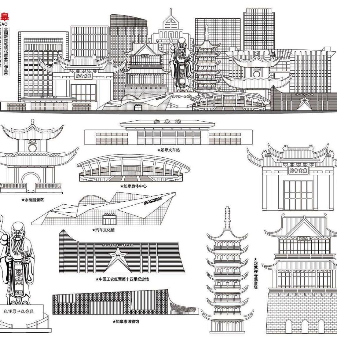 江苏如皋AI矢量地标如皋旅游建筑设计线稿如皋城市剪影手绘线稿