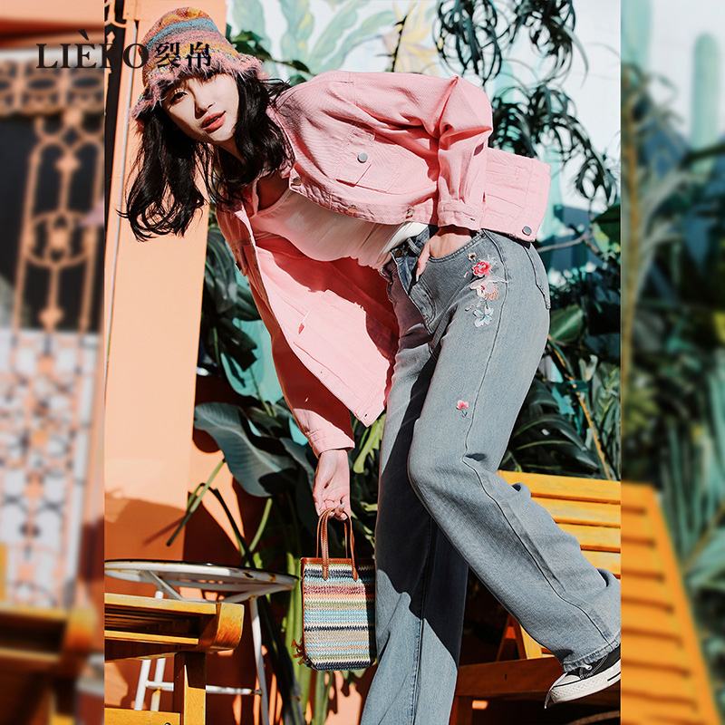 裂帛2025新款牛仔裤女潮流牛仔蓝直筒宽松牛仔裤花不语51EO0632