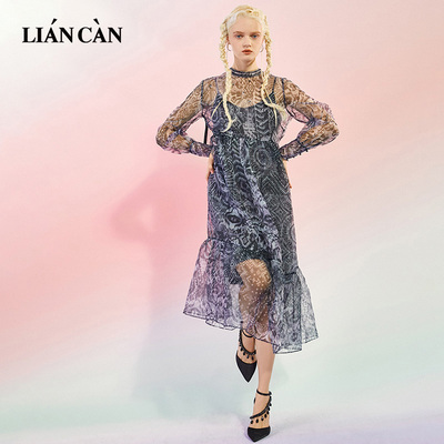 裂帛outlets年春季印花波西米亚绣花小立领雪纺长袖连衣裙7122124