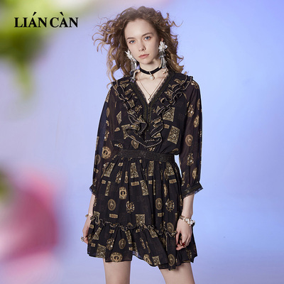 莲灿裂帛夏季新商场同款浪漫波西米亚风V领木耳边雪纺长袖连衣裙