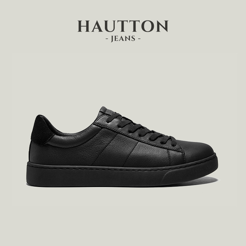 【明星同款】HauttonJeans黑色休闲皮鞋男款百搭板鞋新款真皮男鞋