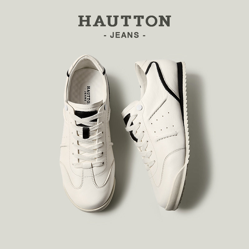 HauttonJeans真皮运动鞋男2026新款男士小白鞋薄底德训鞋百搭板鞋,流行男鞋,德训鞋,淘宝优惠券,粉丝福利购,淘宝优惠卷
