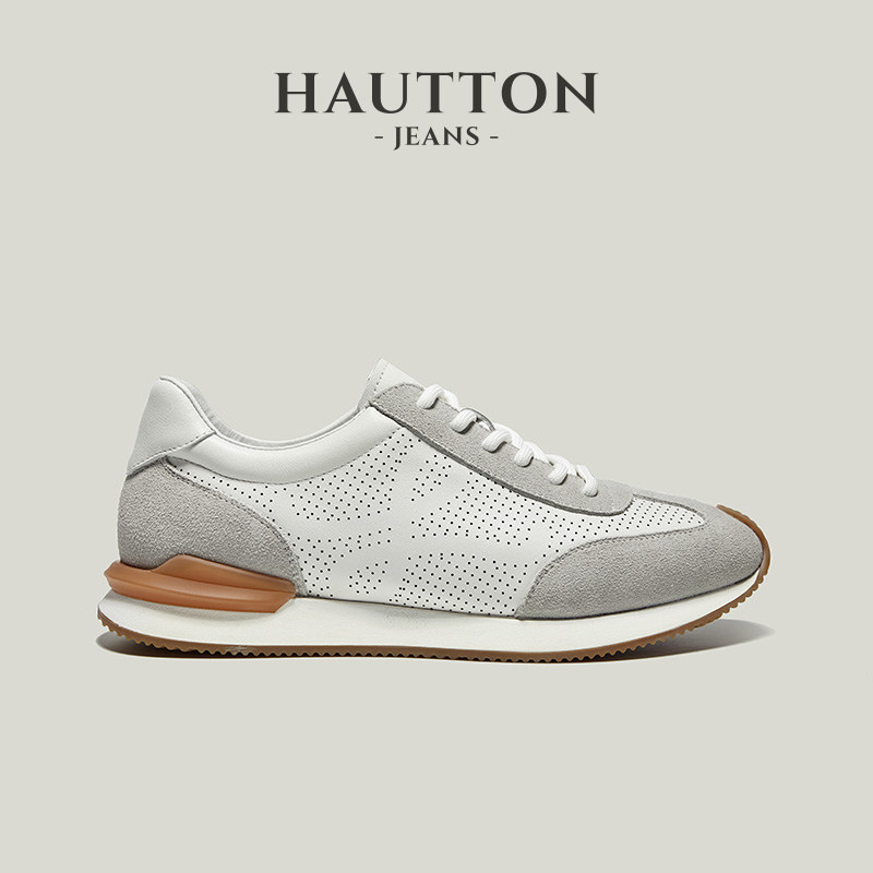 HauttonJeans真皮阿甘鞋男秋季新款休闲运动鞋冲孔透气男鞋德训鞋