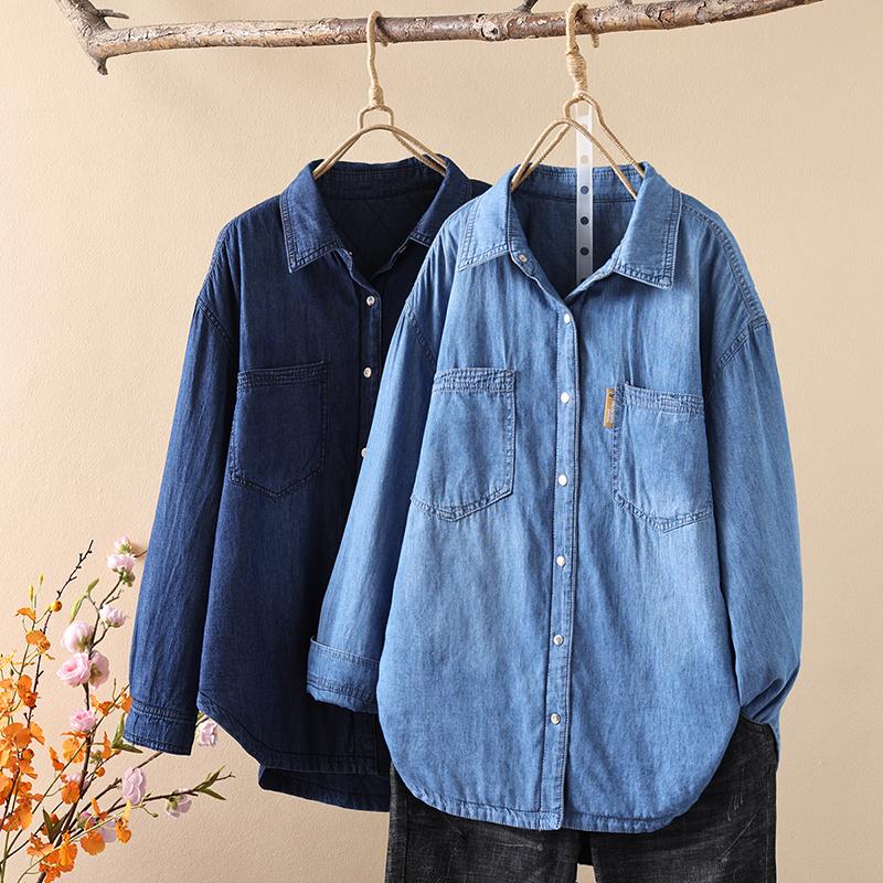 长袖纯棉衬衫女加厚夹棉宽松欧货