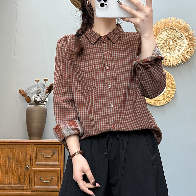 色织双层棉纱格子长袖衬衫女春秋季新款宽松百搭纯棉衬衣打底上衣