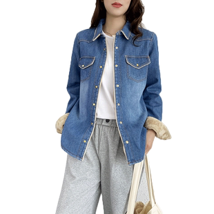 设计感小众加绒牛仔衬衫女韩版秋冬新品修身百搭加厚打底衬衣外套