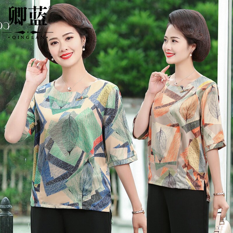 中年女装夏装中袖T恤洋气小衫妈妈夏装印花上衣中老年大码T恤女夏