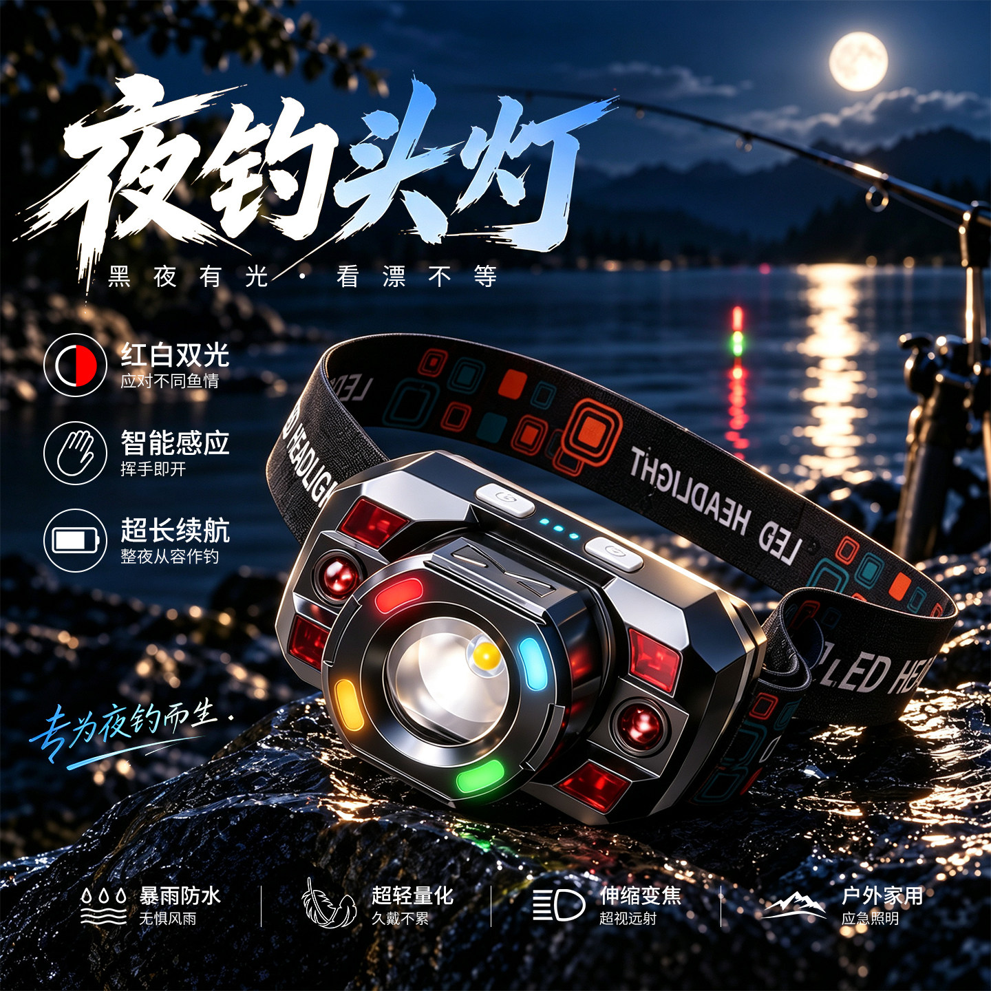 夜钓头灯超长续航100小时头戴式强光充电2026新款钓鱼专用感应灯