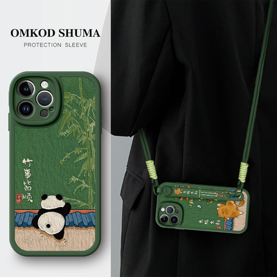 美赞仕油画熊猫适用苹果16手机壳iPhone 15新款14腕带13支架12斜挎11可背pro挂绳promax女防摔xs保护套8p卡通