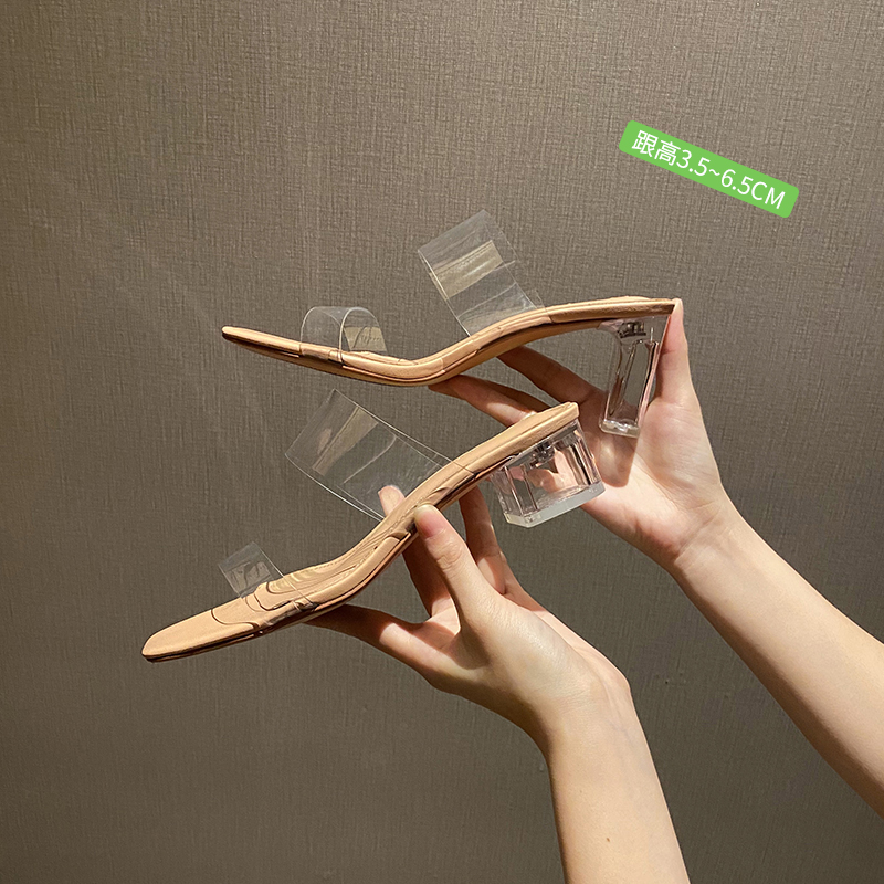 大叔家2025夏季新款透明凉鞋女粗跟百搭套脚外穿水晶跟中跟凉拖鞋