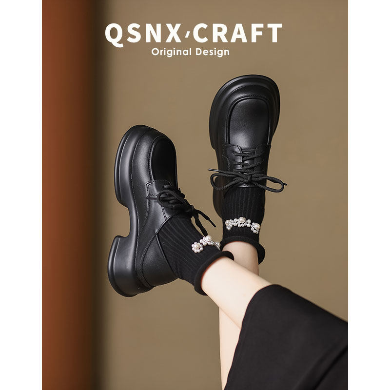 真皮厚底乐福鞋女2025秋冬季新款jk单鞋黑色系带加绒英伦风小皮鞋