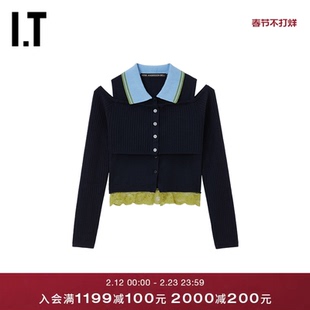 IT Andersson Bell女装翻领针织衫新款蕾丝拼接修身系扣短毛衣