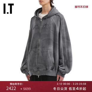 IT JUUN.J男装廓形连帽拉链卫衣新款个性街潮磨白做旧宽松外搭