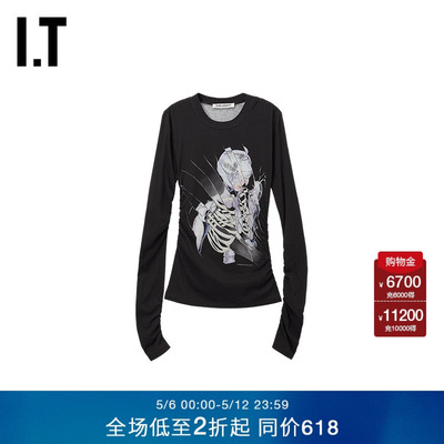 IT OUR LEGACY女装修身长袖上衣新款时髦个性圆领褶饰打底衫内搭